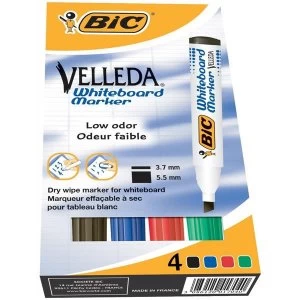 image of Bic Velleda 1751 Chisel Tip Whiteboard Marker Assorted Colours Black Blue Red Green Pack of 4 Markers