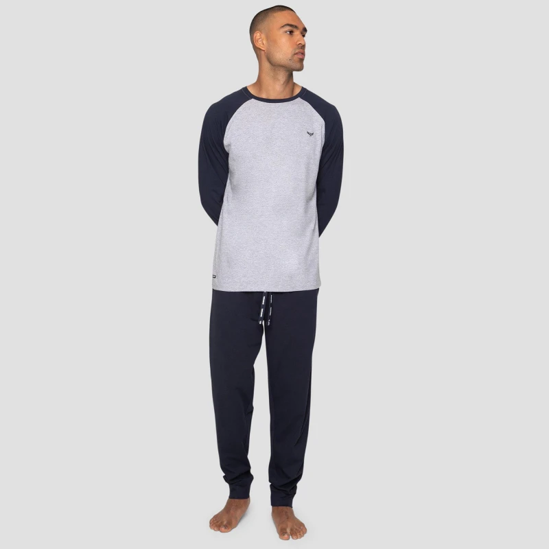 Image of Threadbare 'Baddaway' Cotton Blend Contrast Sleeve Pyjama Set Navy male