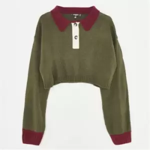 image of Missguided Petite Colourblock Collared Crop Knit Jumper - Green