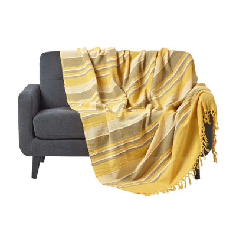 Image of Homescapes Cotton Morocco Striped Yellow Throw, 150 X 200 Cm