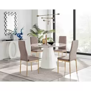 Image of Furniture Box Palma White Marble Effect Round Dining Table and 4 Cappuccino Milan Gold Leg Chairs