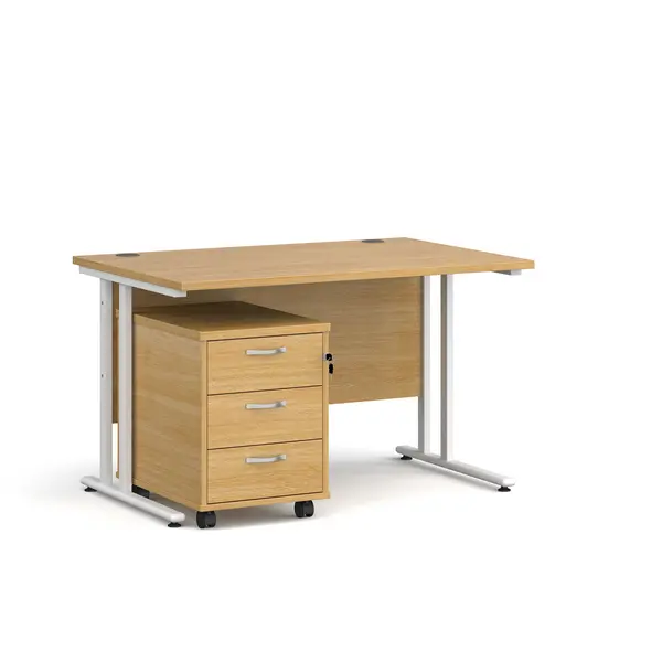 Image of Maestro 25 Straight Desk White Frame Oak Table Top and 3 Drawer Pedestal - 1200mm