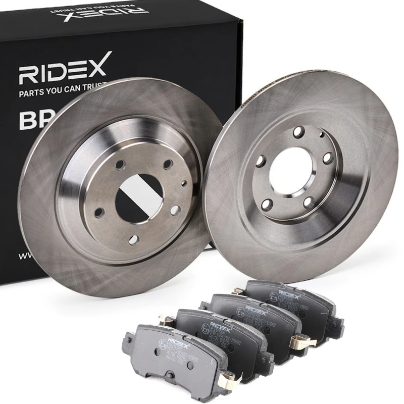Image of RIDEX 3405B1536 Brake disc and pads set Rear Axle, Brake Disc Type: Solid, with acoustic wear warning, without wheel studs Brake Set,disc brakes (340