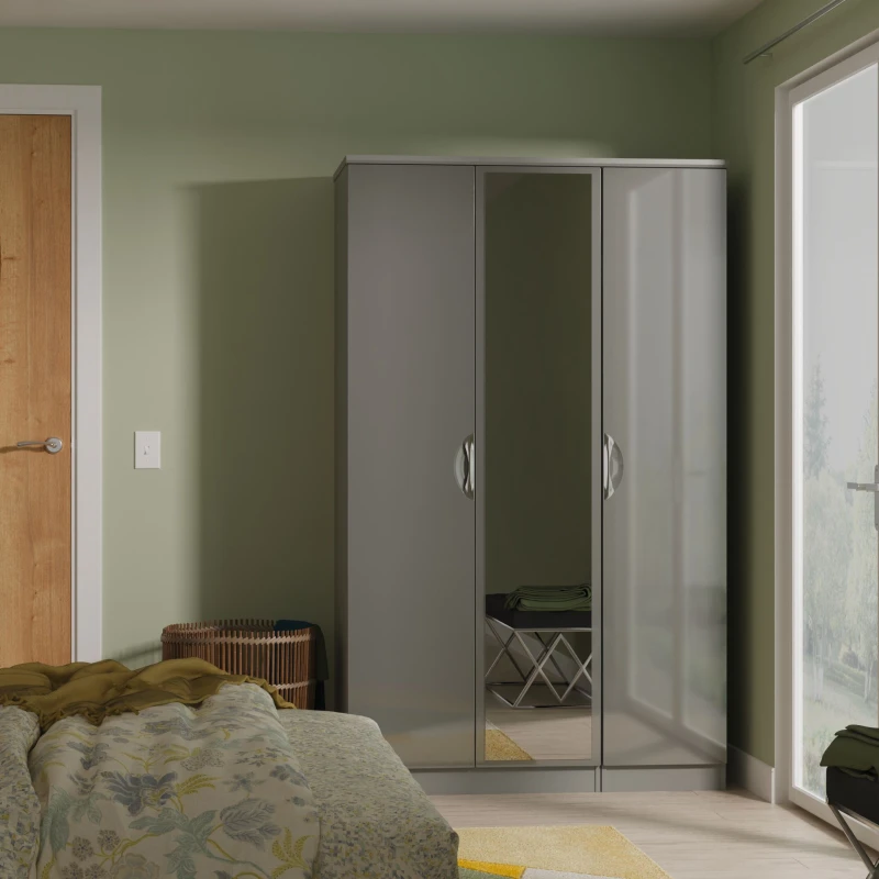 Image of Welcome Furniture Ltd Camden Triple Mirror Wardrobe in Grey Gloss & Dusk Grey - Ready Assembled, Grey CAM137GGDG