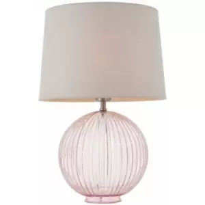 image of Table Lamp Dusky Pink Ribbed Glass & Natural Linen 40W E27 Bedside Light