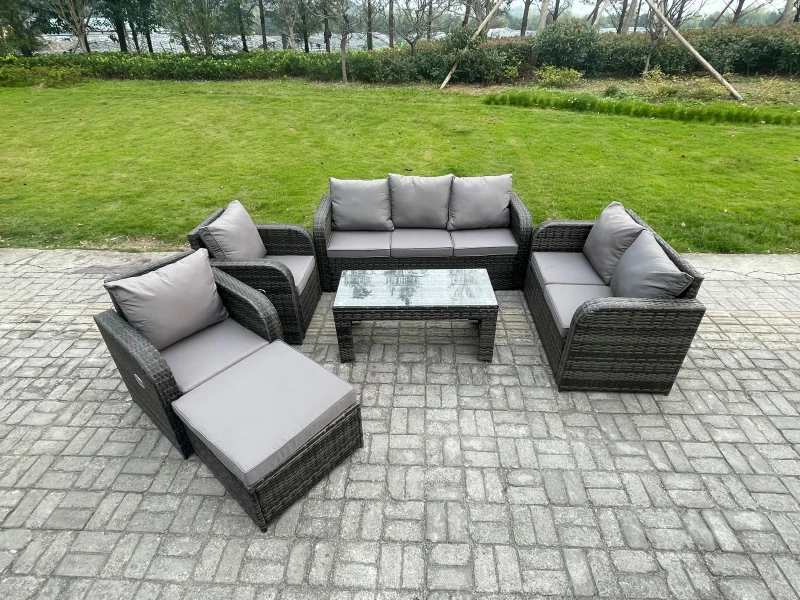Image of Fimous 8 Seater Outdoor Rattan Garden Furniture Set Patio Lounge Sofa Set with Rectangular Coffee Table Big Footstool Dark Grey Mixed Dark Grey