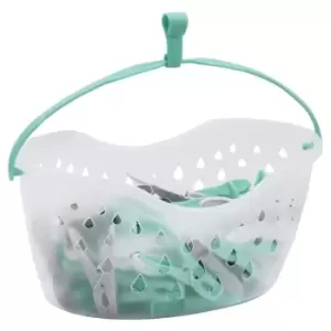 image of JVL Strong hanging 36 plastic clothes pegs with clear basket and hook