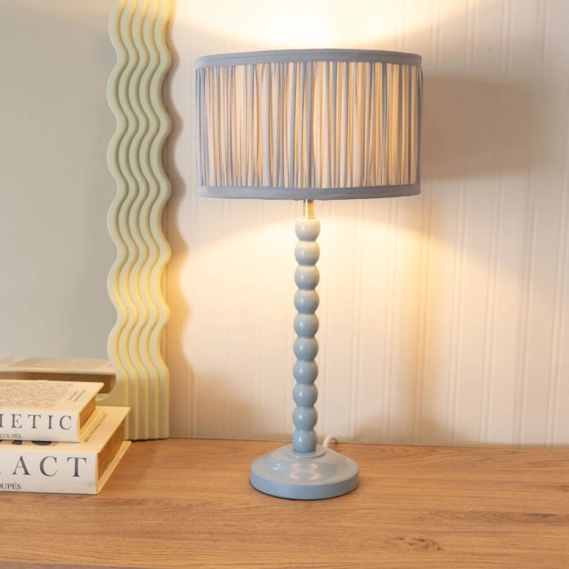 Image of ValueLights Bobbins Powder Blue Table Lamp with Ruched Pleated Drum Lamp Shade and LED Bulb Baby Blue