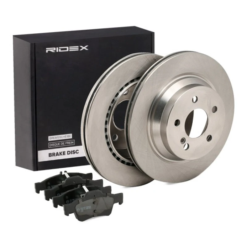 Image of RIDEX 3405B0876 Brake disc and pads set Rear Axle, Brake Disc Type: internally vented, prepared for wear warning indicator, with piston clip Brake Se