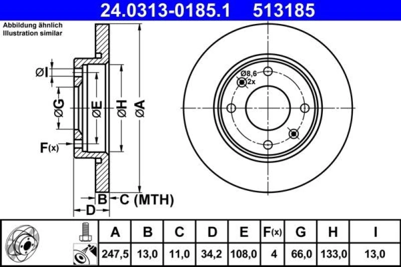Image of ATE 24.0313-0185.1 Brake disc solid, Coated, with bolts/screws Brake Disc (82)