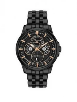 Image of Citizen Eco-Drive Moonphase Wr100 Black And Gold Detail Dial Black Ip Stainless Steel Bracelet Mens Watch