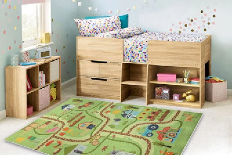 Image of RugsX Bambino 50200 Washing Carpet Village, Streets For Children Anti Slip - Green / Bro 80X150 Cm