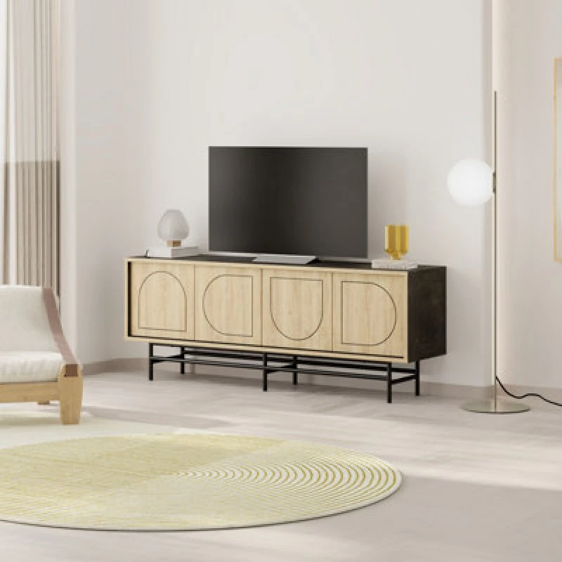 Image of Decortie Modern TV Stand With 4 Doors & Laser-cut Design Moss Green Oak, Multi 8.68363E+12