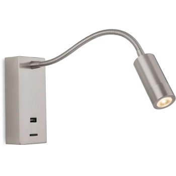 image of Firstlight - Clifton LED Flexi Wall Reading Light & USB Brushed Steel