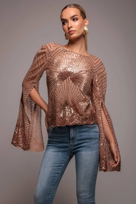 Image of Goddiva Womens Sequin Starburst Cape Sleeve Top in Rose Gold Size: 8 Rose Gold Female 8