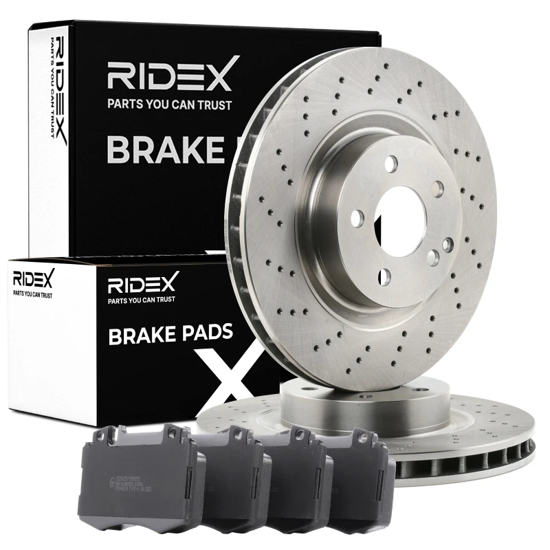 Image of RIDEX 3405B1521 Brake disc and pads set Front Axle, Brake Disc Type: perforated/vented Brake Set,disc brakes (3405)