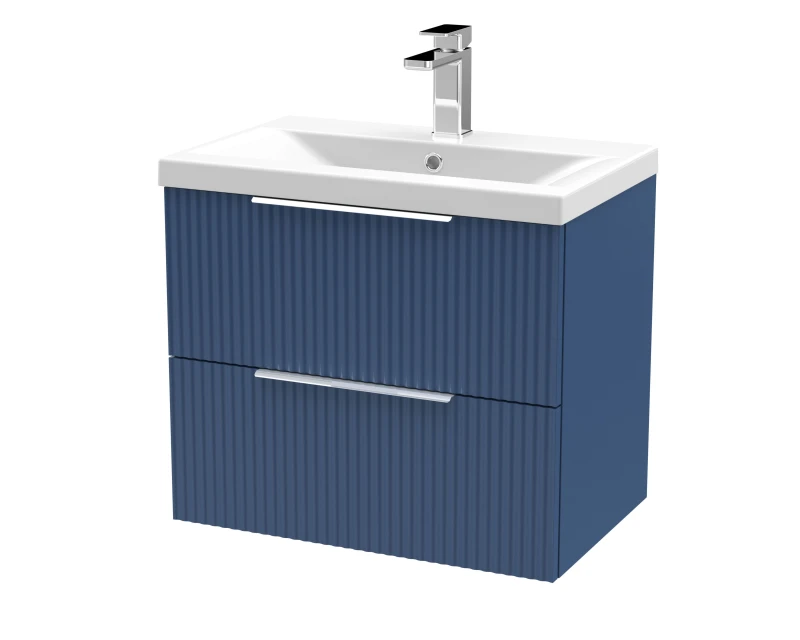 Image of Balterley Fluted Wall Hung 2 Drawer Vanity Basin Unit & Basin 600mm - Satin Blue Blue Unisex