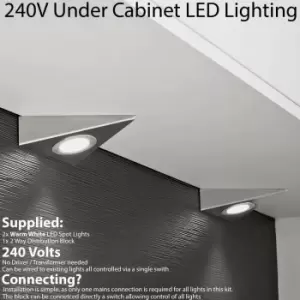 Image of 2x BRUSHED NICKEL Triangle Surface Under Cabinet Kitchen Light Kit - 240V Mains Powered - Warm White LED