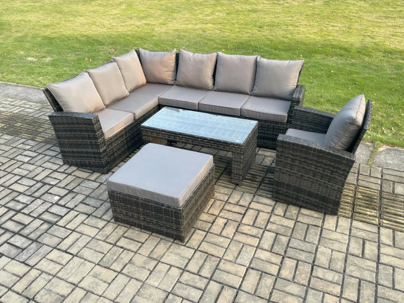 Image of Fimous 8 Seat Rattan Garden Furniture Corner Sofa Set Outdoor Patio Sofa Chair Table Set with Big Footstool Dark Grey Mixed Dark Grey Unisex