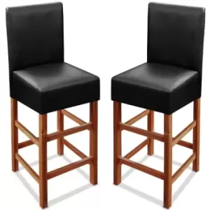 image of 2x Wooden Bar Stool Set Back Black Breakfast Counter Padded PU Leather Acacia Wood Classy Barstools Kitchen