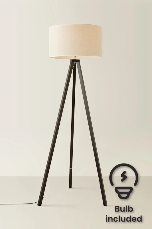 Image of ValueLights Barbro Black Wood Tripod Floor Lamp with Linen with Trim Drum Shade and LED Bulb White