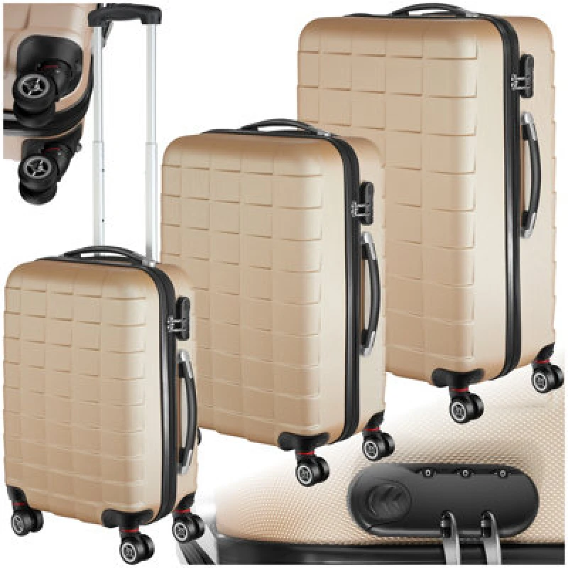Image of Tectake Suitcase Set - 3 Hard-Shell Suitcases With Telescopic Handle, Removable Wheels - Champagne