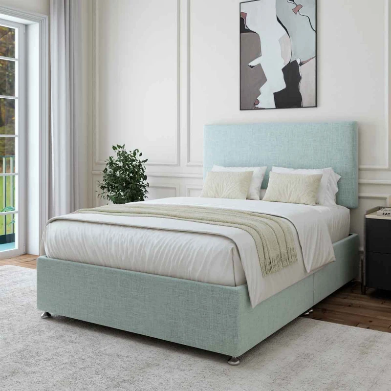 Image of Bedmaster Bedmaster Rhodes Velvet Ottoman Bed And Cotswold 3000 Pocket Sprung Natural Mattress in Light Stone Size: Small Double Light Stone Small D