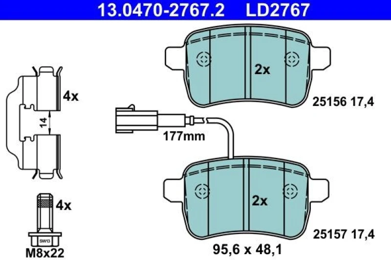 Image of ATE 13.0470-2767.2 Brake pad set with integrated wear warning contact, with accessories, with brake caliper screws Brake Pad Set,disc brake (402)