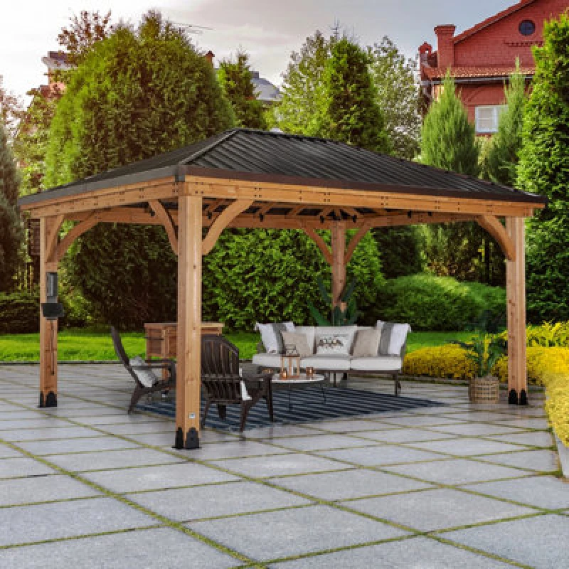 Image of Backyard Discovery Barrington Cedar Wood Outdoor Patio Gazebo With Powerport 4.9M X 3.7M (16ft X 12ft)