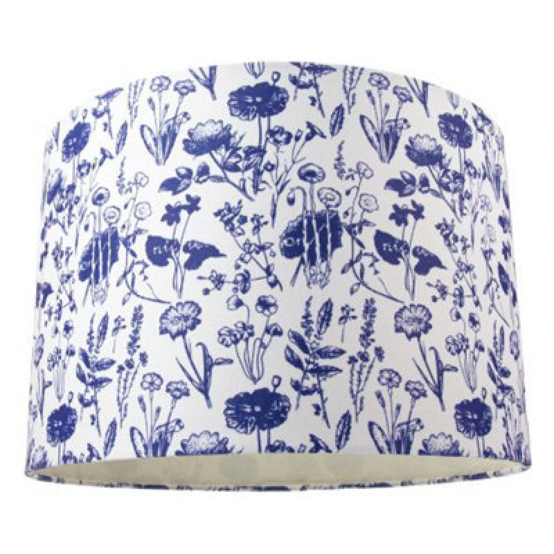 Image of Happy Homewares White Cotton 12 Drum Lamp Shade With Blue Floral Decoration And Inner Lining