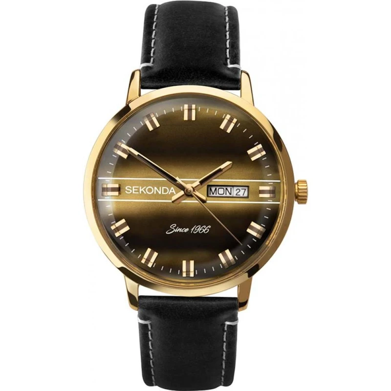 Image of Sekonda 1974 38mm Black/Gold Watch Round Case Gold Dial Multi male