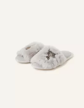 image of Accessorize Womens Faux Fur Planet Mule Slippers Grey, Size: L