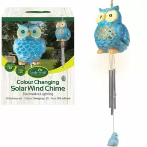 image of 16680 Colour Changing Solar Ceramic Owl Wind Chime and Light, Blue - Gardenkraft