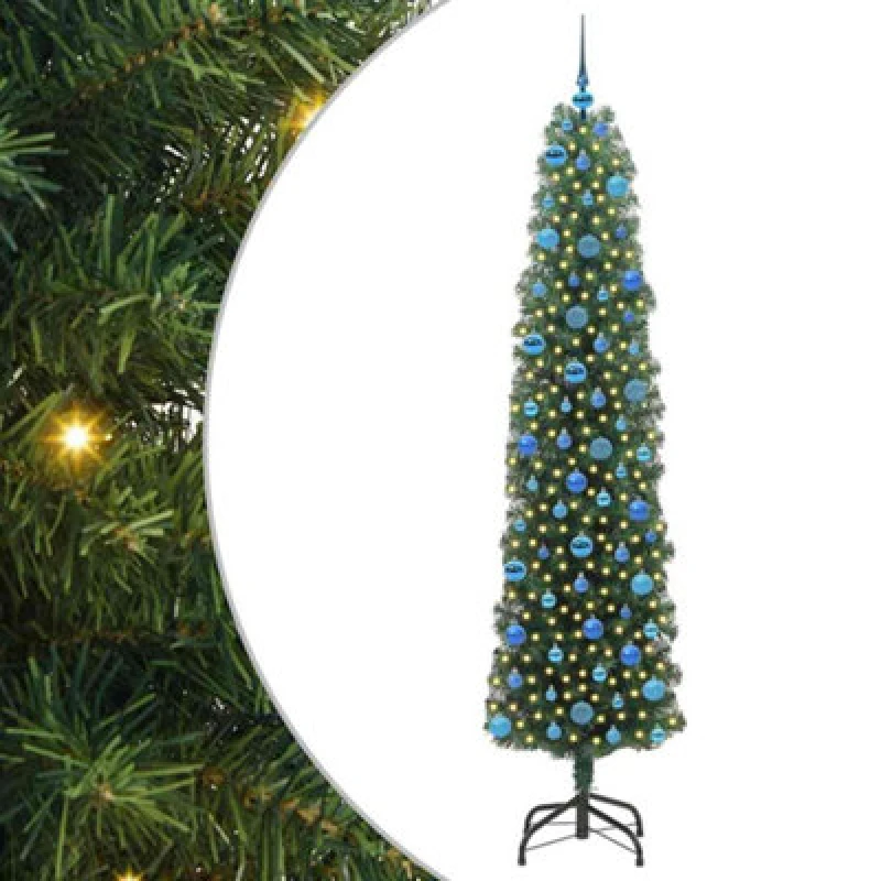 Image of vidaXL Artificial Christmas Tree with 300 LEDs, Blue Balls with Stand Green 240 cm, Green 3394976