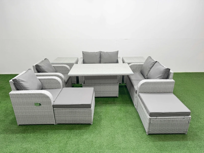 Image of Fimous 8 Seater Outdoor Reclining Chair Love Sofa Set Rattan Garden Furniture Set with Adjustable Lifting Dining or Coffee Table 2 Big FootStools 2 S