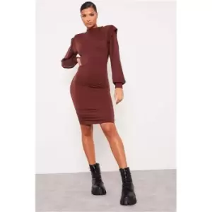 I Saw It First Chocolate Shoulder Pad Long Sleeve Bodycon Dress - Brown