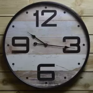 image of 67cm Dia Large Round Faced Wood Effect Wall Clock with Thin Black Metal Frame