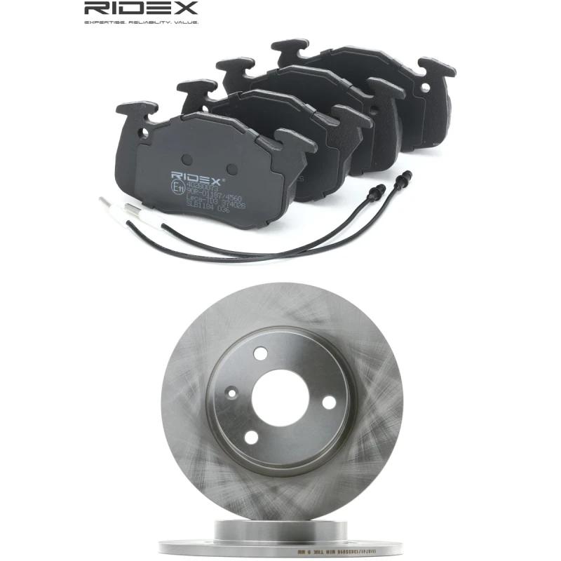 Image of RIDEX 3405B2870 Brake disc and pads set Front Axle, Brake Disc Type: Solid, with integrated wear sensor Brake Set,disc brakes (3405)