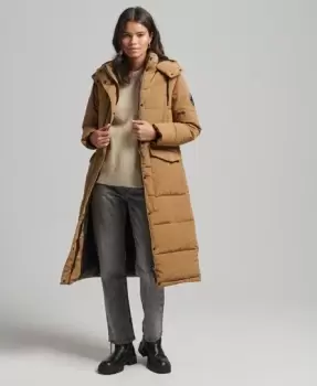 Image of Superdry Womens Everest Longline Puffer Coat Brown / Sandstone - Size: 8