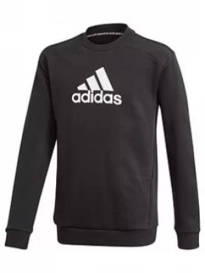 Image of adidas Junior Boys Badge Of Sport Crew, Black/White, Size 7-8 Years