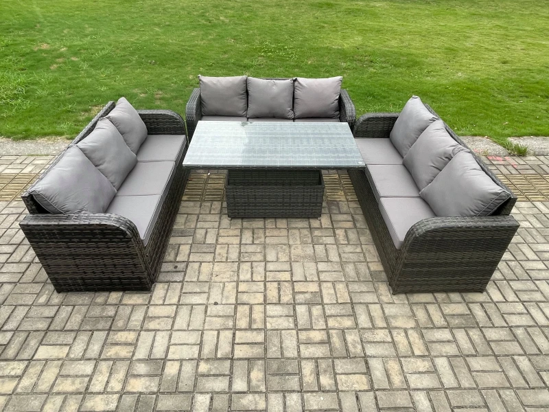Image of Fimous Patio Garden Dining Set Outdoor Rattan Furniture Lounge Sofa Height Adjustable Rising lifting Table Dark Grey