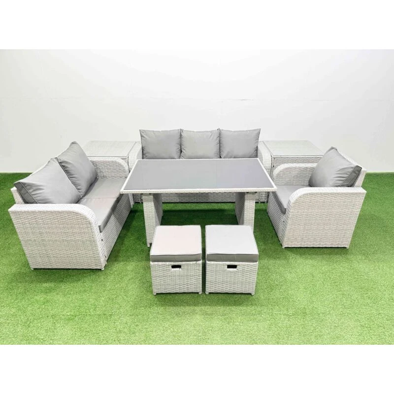 Image of Fimous Rattan Outdoor Sofa Set with 2 Side Tables Light Grey 8 Seater Light Grey Unisex