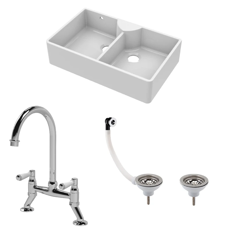 Image of Balterley Fireclay 2 Bowl Stepped Weir Butler Sink Waste Tap 895mm Silver