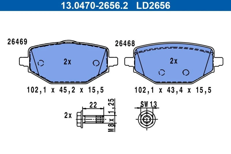 Image of ATE 13.0470-2656.2 Brake pad set Ceramic excl. wear warning contact, with brake caliper screws Brake Pad Set,disc brake (402)