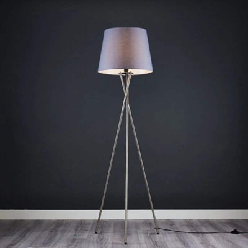 Image of ValueLights ValueLights Camden Brushed Chrome Tripod Floor Lamp with Tapered Shade and Bulb in Grey Grey One Size Unisex 5055759993023