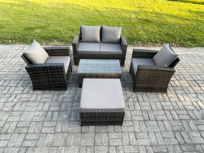 Image of Fimous Outdoor Lounge Sofa Set Wicker PE Rattan Garden Furniture Set with Coffee Table Double Seat Sofa Dark Grey Mixed Dark Grey Unisex