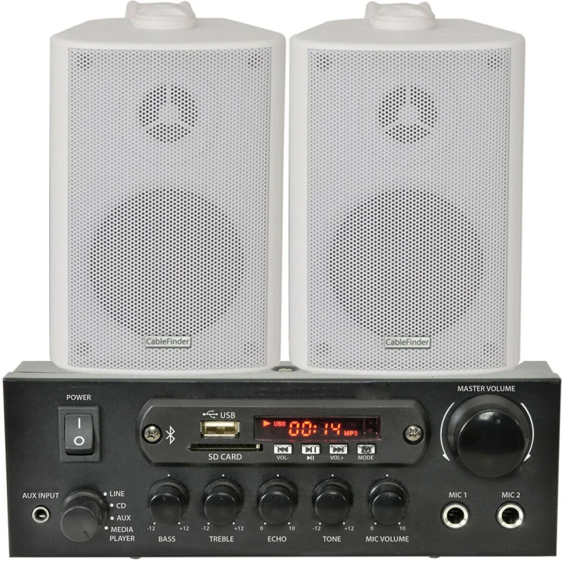 Image of Loops 110W Bluetooth Amplifier & 2x 60W White Wall Speakers Wireless Bedroom HiFi Kit White unisex