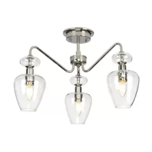 Image of 3 Bulb Semi Flush Light Highly Polished Nickel Clear Glass Shades LED E14 40W