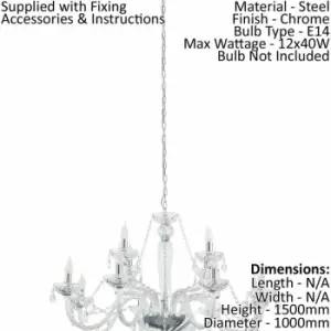 Image of Chandelier Light Chrome Plated Steel & Clear Glass Droplets Bulb E14 12x40W