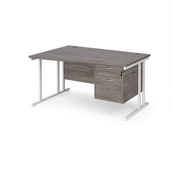 Image of Maestro 25 left hand wave desk 1400mm wide with 2 drawer pedestal - white cantilever leg frame, grey oak top